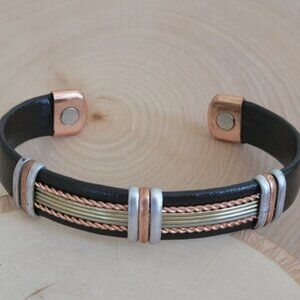 Solid Copper Leather Wrapped Magnetic Bracelet Men Women Energy Pain Jewelry